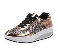 UnoSheng Zapatillas de deporte de piel con lentejuelas brillantes, zapatillas blancas y doradas para mujer, con plataforma de cuña, plataforma con cordones, zapatos de correr, otoño e invierno,