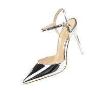 UnoSheng Zapatos Mujer Tacón Invierno Simple Stiletto Alto Tacón Shallow Mouth Pointed Cuero Sexy Nightclub Slim One Strap Women's Sandals Canvas Zapatos Mujer Rojo, plata, 38 EU
