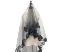 UNTERING Mantilla negra de una capa para mujer, velo de boda, bordado floral, ribete de encaje, velo de novia largo con lentejuelas