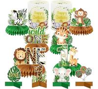 Unvtap Decoración de cumpleaños con diseño de safari, decoración de cumpleaños en la selva con decoración de mesa de panal de abeja y 2 portavelas para decoración de mesa, animales del bosque