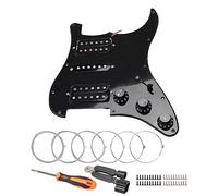 Unxuey 10 agujeros cargados precableados Golpeador placa protectora con piezas de pastilla HSH negras para guitarra Fender Strat, 1 capa, negro, con cuerdas de guitarra y herramienta de instalación