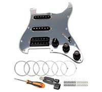Unxuey Placa protectora de golpeador precableado con 11 agujeros con piezas de pastilla SSH negras para guitarra Fender Strat SQ, 1 capa plateada, con pastillas Alnico, cuerdas de guitarra y