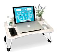 unycos - Bandeja para Cama, Mesa Plegable de Desayuno, Ideal para Portátil, Ordenador y Libros, Ergonómica, Mesa Auxiliar con Atril para Leer en la Cama 60x40x26 cm (Blanco Hueso sin Cajón)
