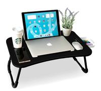 unycos - Bandeja para Cama, Mesa Plegable de Desayuno, Ideal para Portátil, Ordenador y Libros, Ergonómica, Mesa Auxiliar con Atril para Leer en la Cama 60x40x26 cm (Negro/Gris con Cajón)