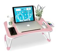 unycos - Bandeja para Cama, Mesa Plegable de Desayuno, Ideal para Portátil, Ordenador y Libros, Ergonómica, Mesa Auxiliar con Atril para Leer en la Cama 60x40x26 cm (Rosa con Cajón)