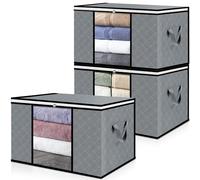 unycos - Cajas para Almacenaje de Ropa x 3【90L】 Bolsas Plegables con Ventana Transparente, Doble Cremallera y Asas Reforzadas, Organizador de Toallas, Edredones, Juguetes | Hasta 13 kg (Grey/Black)