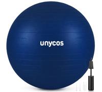 unycos - Pelota de Pilates, Gimnasia, Yoga, Fitness y Embarazo, Fitball Antideslizante y Anti-Burst【65 cm】de PVC Extra Grueso, Resistencia de 300 kg, Incluye Hinchador (Azul Oscuro con Logo)