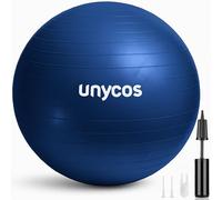 unycos - Pelota de Pilates, Gimnasia, Yoga, Fitness y Embarazo, Fitball Antideslizante y Anti-Burst【75 cm】de PVC Extra Grueso, Resistencia de 300 kg, Incluye Hinchador (Azul Oscuro con Logo)