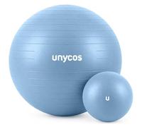 unycos - Pelota + Minipelota de Pilates, Gimnasia, Yoga, Fitness y Embarazo【55 cm / 25 cm】Fitball Antideslizante y Anti-Burst de PVC Extra Grueso, Resistencia de 300 kg, Incluye Hinchador (Azul Claro)