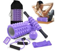 unycos - Set 5 en 1 de Rodillo【PVC/EVA】para Masaje Muscular | Foam Roller Soporta 75 kg, Palo y Bola de Masaje, Banda de Resistencia, Cuerda de Forma y Bolsa de Transporte (Morado)