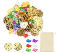 UOCAI 100 Piezas Doradas de Pirata Gemas, Monedas de Oro Juguete Gemas Piratas del Tesoro Pirata Monedas Juguete para Fiestas Temáticas Piratas con Bolsa de Cordón 50 Moneda de Oro Pirata+50 Gemas