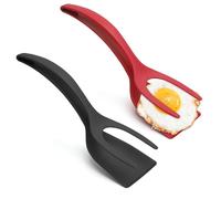 UOCAI 2 Piezas Espátula de Huevo 2 en 1, Pinzas Giratorias de Agarre para Tostadas, Tortitas, Tortillas de Pescado, Huevos Fritos, Herramienta (Rojo, Negro)