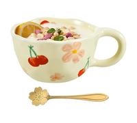 UOCAI 250ml Bonita taza de café de cerámica para té, taza creativa Rosa con cuchara, Kawaii Flores taza hecha a mano, Cerezas tazas estéticas para leche, capuchino y cacao
