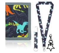 UOCAI Cartera Infantil Dinosaurio con Cordón y Llavero, Monedero Niño Niña con Cremallera Cartera Escolar con Ventana Transparente Varios Compartimentos, Regalo Cumpleaños Navidad