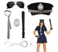 UOCAI Disfraz de policía para niños y adultos, 6 unidades, disfraz de policía para mujer y hombre, con esposas, gorro de policía, marca de policía, disfraz de Halloween