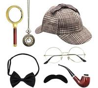 UOCAI Juego de 7 accesorios para disfraz de detective, accesorios para disfraz de Sherlock Holmes con sombrero de detective, gafas de bigote falso, pajarita con lupa, accesorios de cosplay para