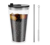 UOCAI Taza Bubble Tea con Tapa y Pajita, 16oz Taza de Plástico con Pegatina y Cepillo de Paja, Doble Pared Reutilizable para Café Zumo Batido