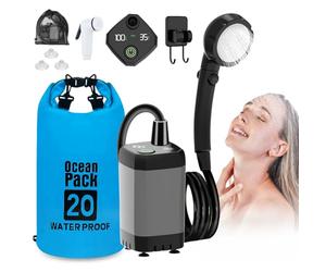 UODIR Ducha de Camping portátil, Bomba de Ducha de Camping con batería Recargable 6000mAh y indicador de Temperatura, Cabezal de Ducha Multifuncional y Tubo 2M, cubeta Plegable de 20L