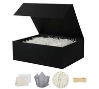 UoeRing 1 caja de regalo negra grande de 13.5 x 11.8 x 4.7 pulgadas, caja de regalo de cumpleaños de lujo para regalos con tapa de cierre magnético, plegable, contiene tarjeta, cinta, papel de seda
