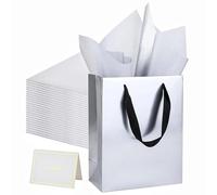 UoeRing Paquete de 25 bolsas de regalo con asa y papel de seda, 9.5 x 7.5 x 3.75 pulgadas, bolsas de regalo de papel metálico a granel, tamaño mediano para bodas, damas de honor, vacaciones, regalos