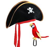 UOIENRT 2 sombreros piratas con estampado de calavera y loro de peluche de 10 pulgadas en el hombro, accesorios de disfraz de pirata para Halloween, juego escolar, actuación de teatro