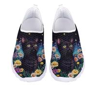 UOIMAG Black Cat Shoes for Women Floral Casual Sneakers Lightweight Slip On Barefoot Walking Shoes EU39