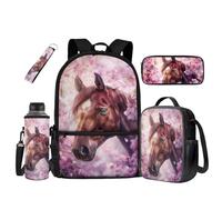 UOIMAG Bolsas escolares para niños, mochila y lonchera con soporte para botella de agua, estuche para lápices, llavero, 5 unidades, Flor de cerezo de caballo, Talla única, Juego de mochila escolar