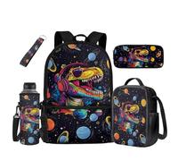 UOIMAG Bolsas escolares para niños, mochila y lonchera con soporte para botella de agua, estuche para lápices, llavero, 5 unidades, Dinosaurio Planetas Galaxia, Talla única, Juego de mochila escolar