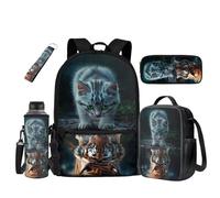 UOIMAG Bolsas escolares para niños, mochila y lonchera con soporte para botella de agua, estuche para lápices, llavero, 5 unidades, Gato tigre, Talla única, Juego de mochila escolar