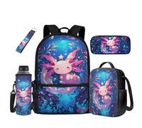 UOIMAG Bolsas escolares para niños, mochila y lonchera con soporte para botella de agua, estuche para lápices, llavero, 5 unidades, Axolotl Star Ocean, Talla única, Juego de mochila escolar