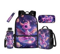 UOIMAG Bolsas escolares para niños, mochila y lonchera con soporte para botella de agua, estuche para lápices, llavero, 5 unidades, Dragon Planets Galaxy, Talla única, Juego de mochila escolar