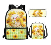 UOIMAG Bonita mochila escolar y lonchera para niños, 3 piezas con estuche para lápices para niños, Axolotl Girasol, Talla única, Juego de mochila escolar
