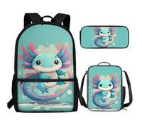 UOIMAG Bonita mochila escolar y lonchera para niños, 3 piezas con estuche para lápices para niños, Axolotl, Talla única, Juego de mochila escolar