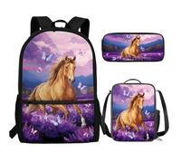 UOIMAG Bonita mochila escolar y lonchera para niños, 3 piezas con estuche para lápices para niños, Caballo mariposa lavanda, Talla única, Juego de mochila escolar