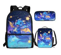 UOIMAG Bonita mochila escolar y lonchera para niños, 3 piezas con estuche para lápices para niños, Dragon Stars, Talla única, Juego de mochila escolar