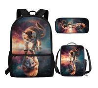 UOIMAG Bonita mochila escolar y lonchera para niños, 3 piezas con estuche para lápices para niños, Gato León Galaxia, Talla única, Juego de mochila escolar