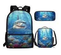 UOIMAG Bonita mochila escolar y lonchera para niños, 3 piezas con estuche para lápices para niños, Shark Under Water, Talla única, Juego de mochila escolar