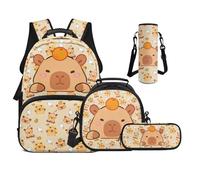 UOIMAG Bonita mochila para niñas con fiambrera, mochila para niños de escuela primaria con correas acolchadas, 4 piezas, Naranja capibara, M, Casual