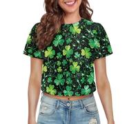 UOIMAG Camisa corta de manga corta para el día de San Patricio para mujer, ombliguera de corte cuadrado, Bling Shamrock, S