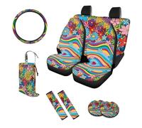 UOIMAG Juego completo de 10 fundas de asiento de coche con diseño floral de los años 70, diseño de arcoíris, remolino, olas, flores hippie, funda para volante, bolsa de basura