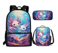 UOIMAG Juego de 3 mochilas escolares para niños con estuche para lápices, mochila ligera, Axolotl Friends, Talla única, Juego de mochila escolar