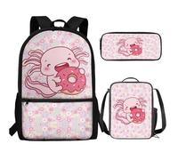 UOIMAG Juego de 3 mochilas escolares para niños con estuche para lápices, mochila ligera, Donut Axolotl, Talla única, Juego de mochila escolar