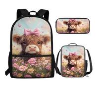 UOIMAG Juego de 3 mochilas escolares para niños con estuche para lápices, mochila ligera, Flores de vaca de las Tierras, Talla única, Juego de mochila escolar