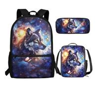 UOIMAG Juego de 3 mochilas escolares para niños con estuche para lápices, mochila ligera, Lobo, mariposa, galaxia, Talla única, Juego de mochila escolar