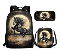 UOIMAG Juego de 3 mochilas escolares para niños con estuche para lápices, mochila ligera, Luna de caballo negro, Talla única, Juego de mochila escolar