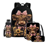 UOIMAG Juego de 4 bolsas escolares para niños con soporte para botella de agua, estuche para lápices, 4 unidades, Highland Cow Bowknot Girasol, Talla única, Juego de mochila escolar