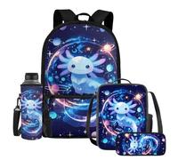 UOIMAG Juego de 4 bolsas escolares para niños con soporte para botella de agua, estuche para lápices, 4 unidades, Axolotl Planet Galaxy, Talla única, Juego de mochila escolar