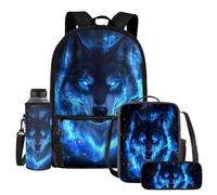 UOIMAG Juego de 4 bolsas escolares para niños con soporte para botella de agua, estuche para lápices, 4 unidades, Wolf Blue Fire, Talla única, Juego de mochila escolar
