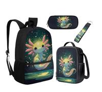 UOIMAG Juego de 4 mochilas escolares y lonchera para niños con estuche para lápices, llavero, 4 unidades, Luces verdes Axolotl, Talla única, Juego de mochila escolar