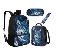 UOIMAG Juego de 4 mochilas escolares y lonchera para niños con estuche para lápices, llavero, 4 unidades, Wolf Moon Stars, Talla única, Juego de mochila escolar